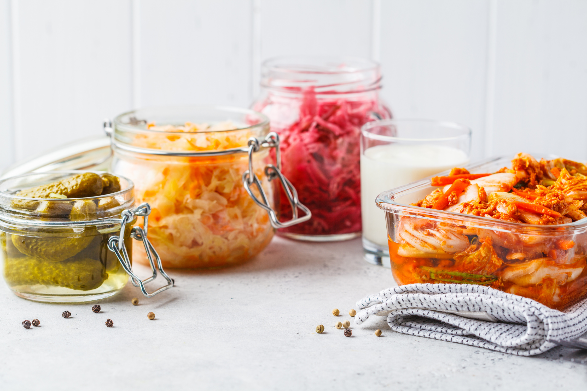 Probiotics Food Concept. Kimchi, Beet Sauerkraut, Sauerkraut, Ke